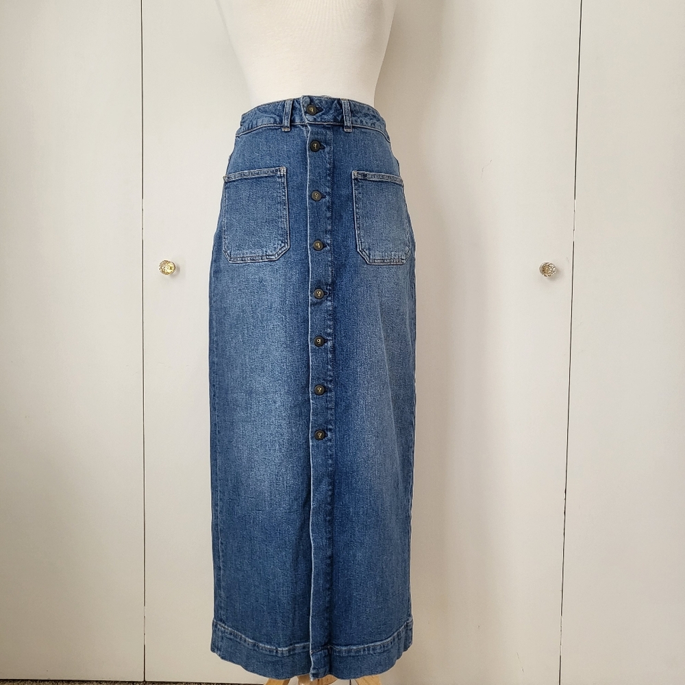 Pilcro Anthropologie Button Front Denim Midi Skirt Patch Pockets Size 10